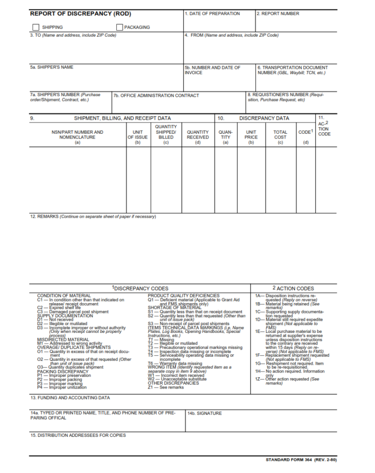 SF 364 Form – Report of Discrepancy (ROD) | SF Forms