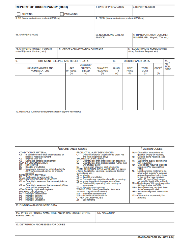 SF 364 Form – Report of Discrepancy (ROD) | SF Forms