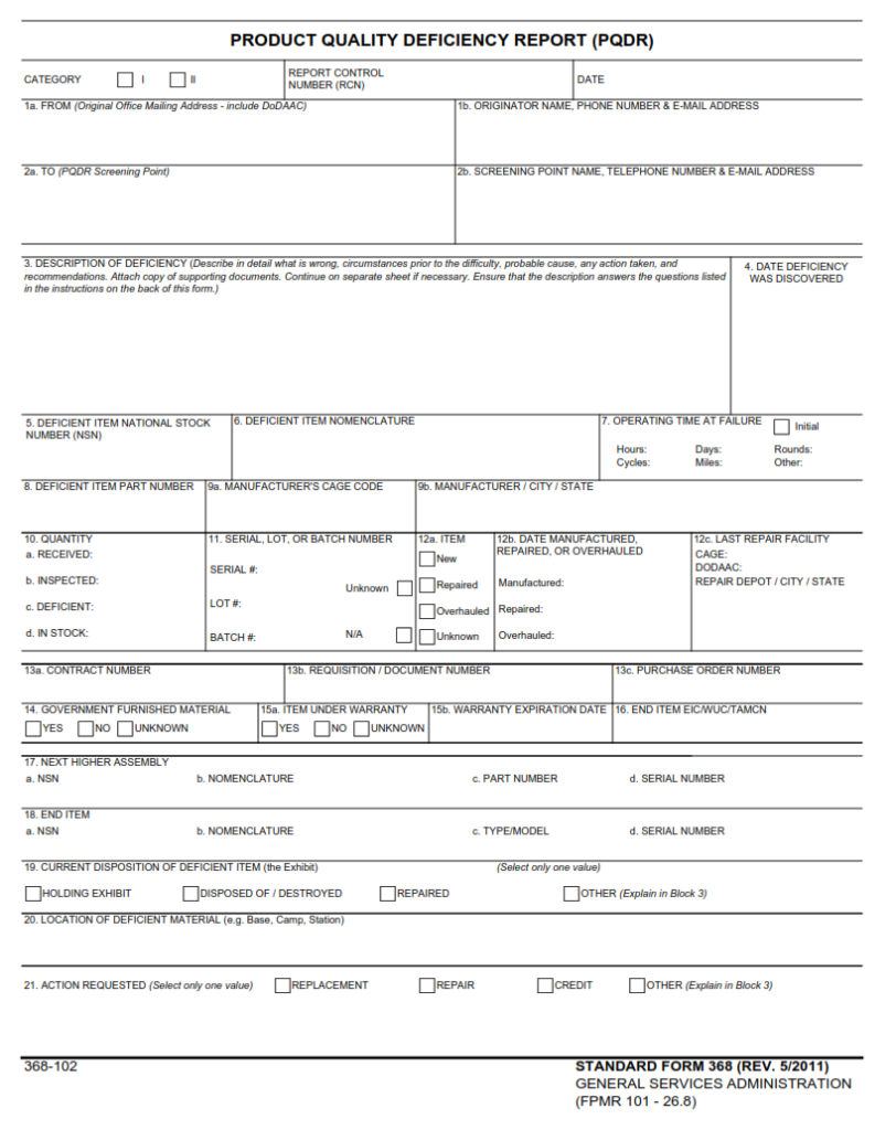 Sf 368 Form – Product Quality Deficiency Report 