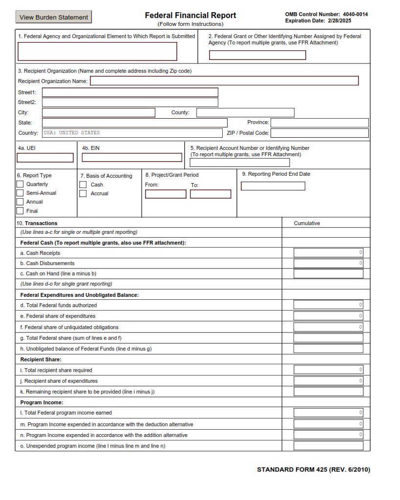 SF 425 Form Federal Financial Report SF Forms
