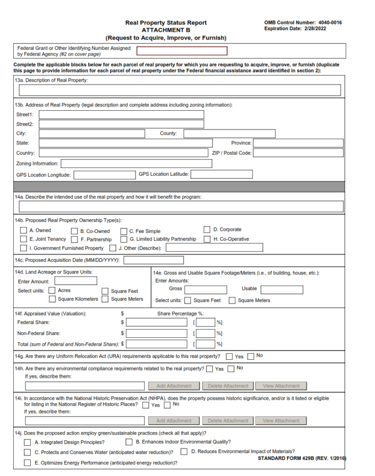 SF 429B Form – Real Property Status Report – Attachment B – Request To ...