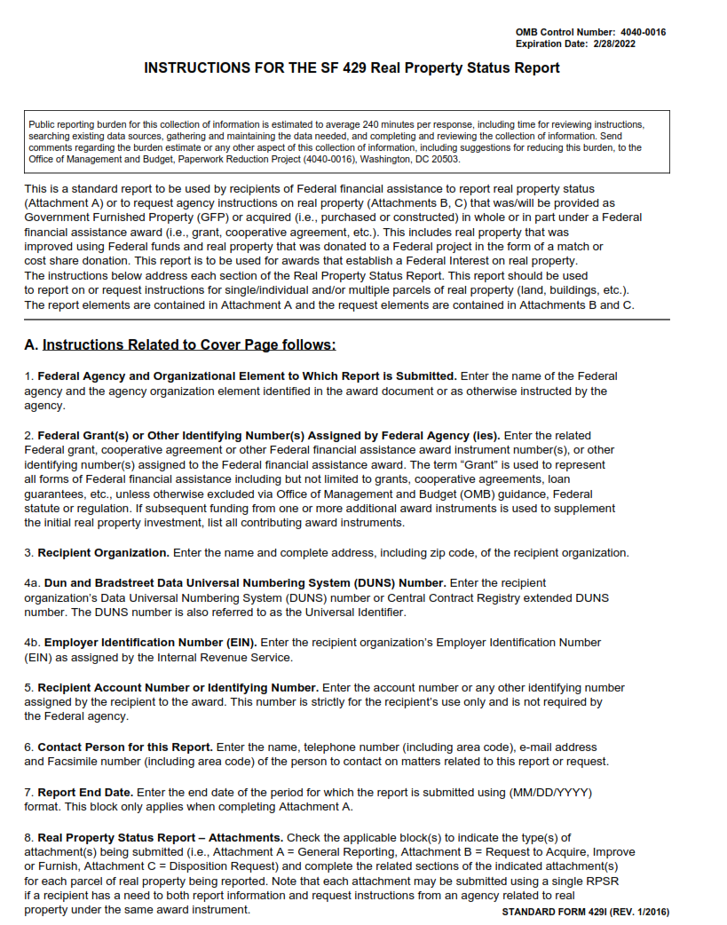 SF 429I Form Real Property Status Report Instructions SF Forms