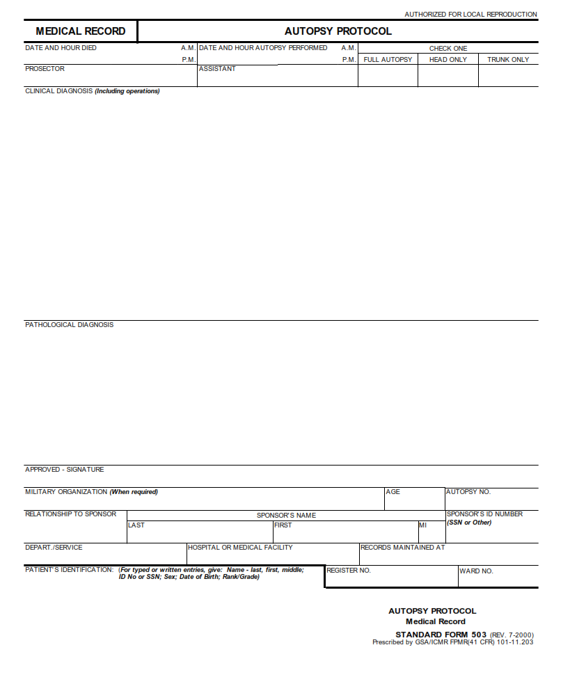 SF 503 Form - Medical Record - Autopsy Protocol