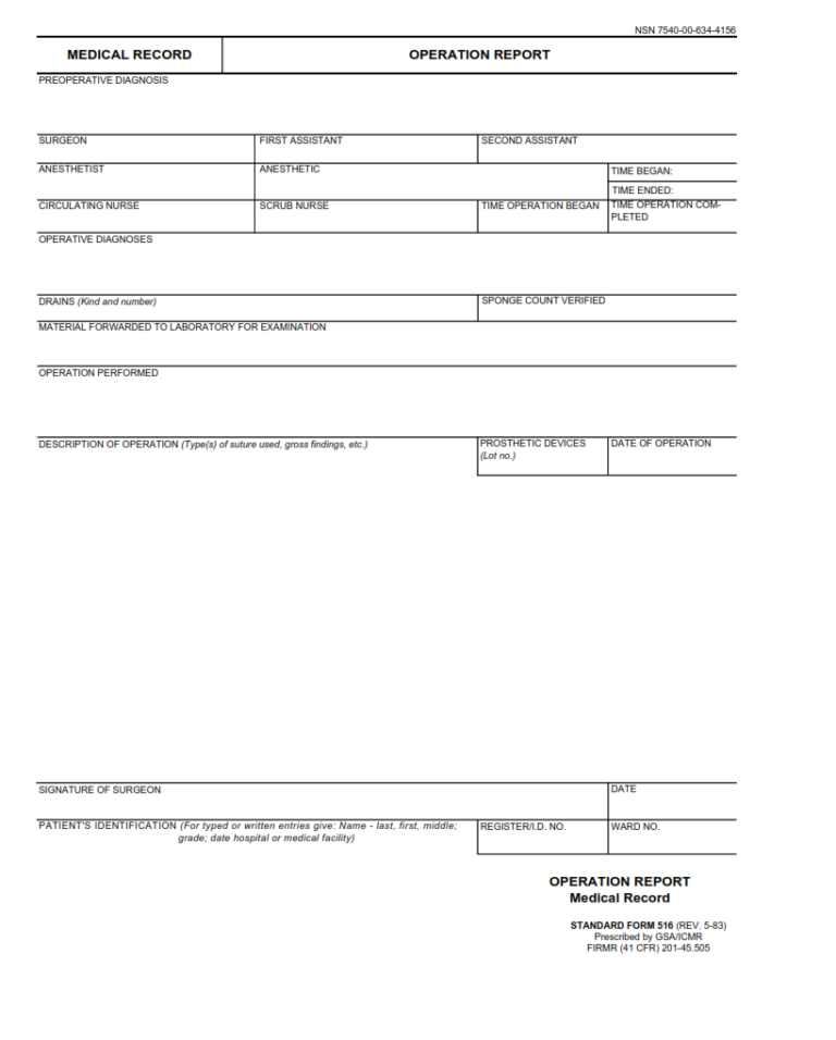 SF 516 Form – Medical Record – Operation Report | SF Forms