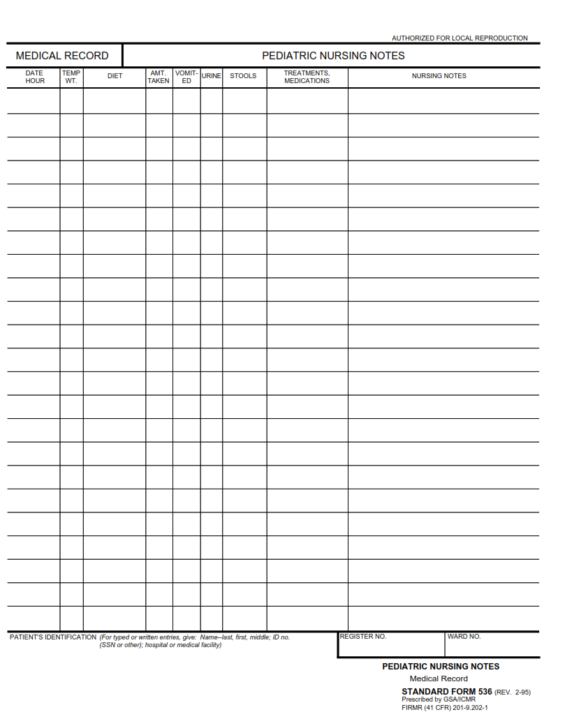 SF 536 Form - Medical Record - Pediatric Nursing Notes Part 1