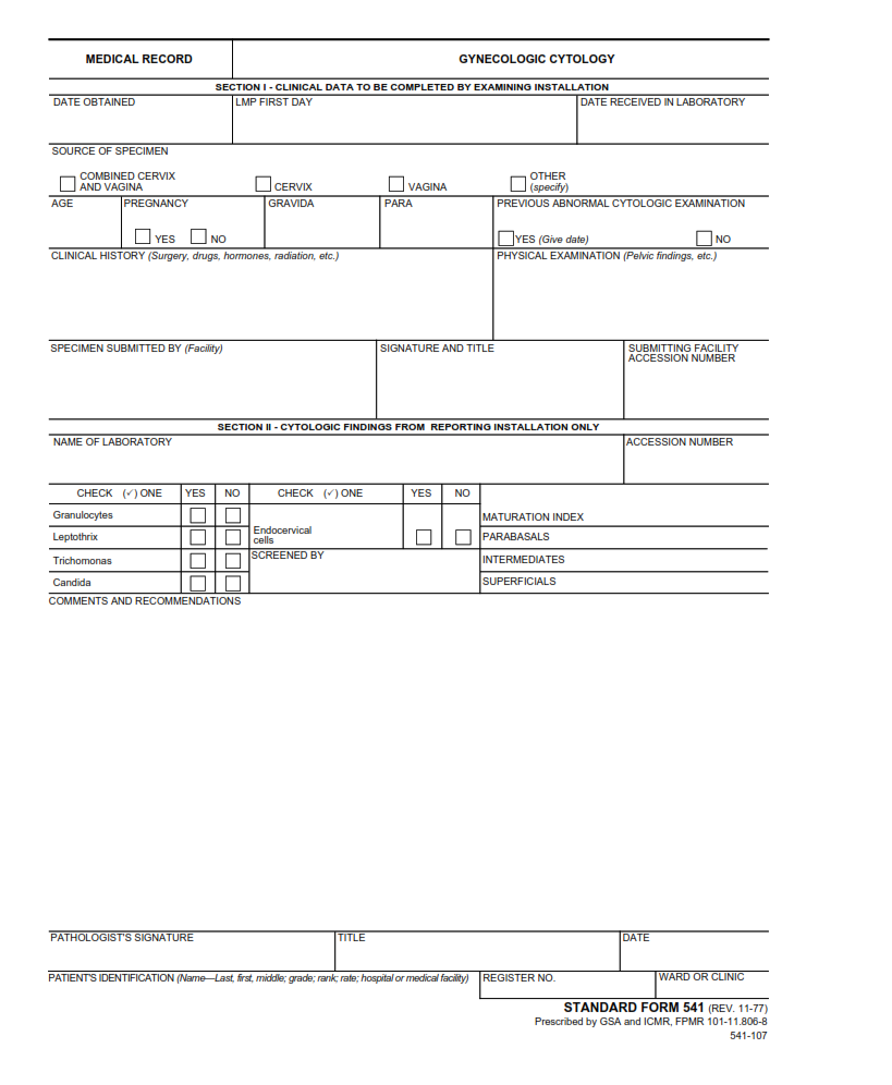 SF 541 Form – Medical Record – Gynecologic Cytology | SF Forms