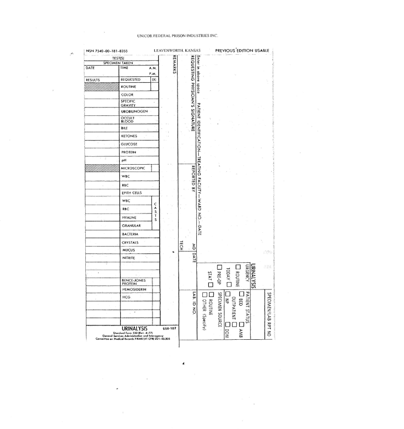 SF 550 Form - Medical Record - Urinalysis