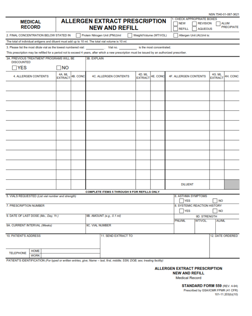 SF 559 Form Medical Record Allergen Extract Prescription New and