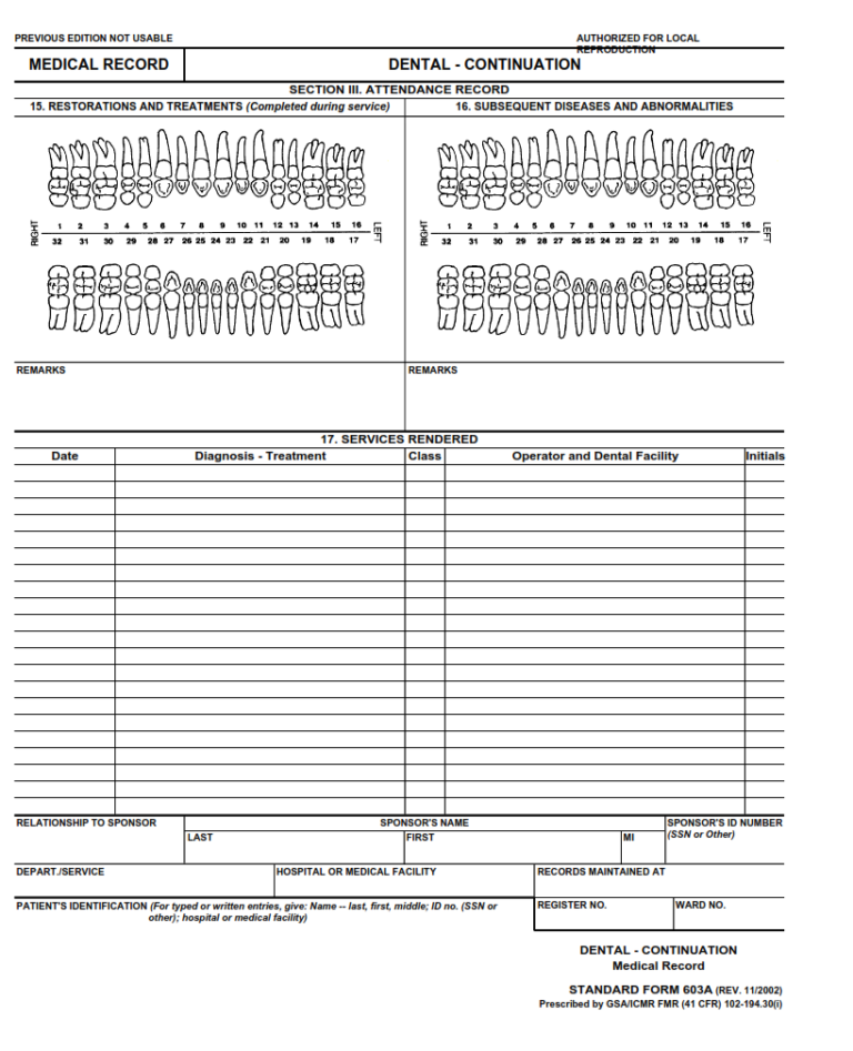 SF 603A Form Medical Record Dental Continuation SF Forms