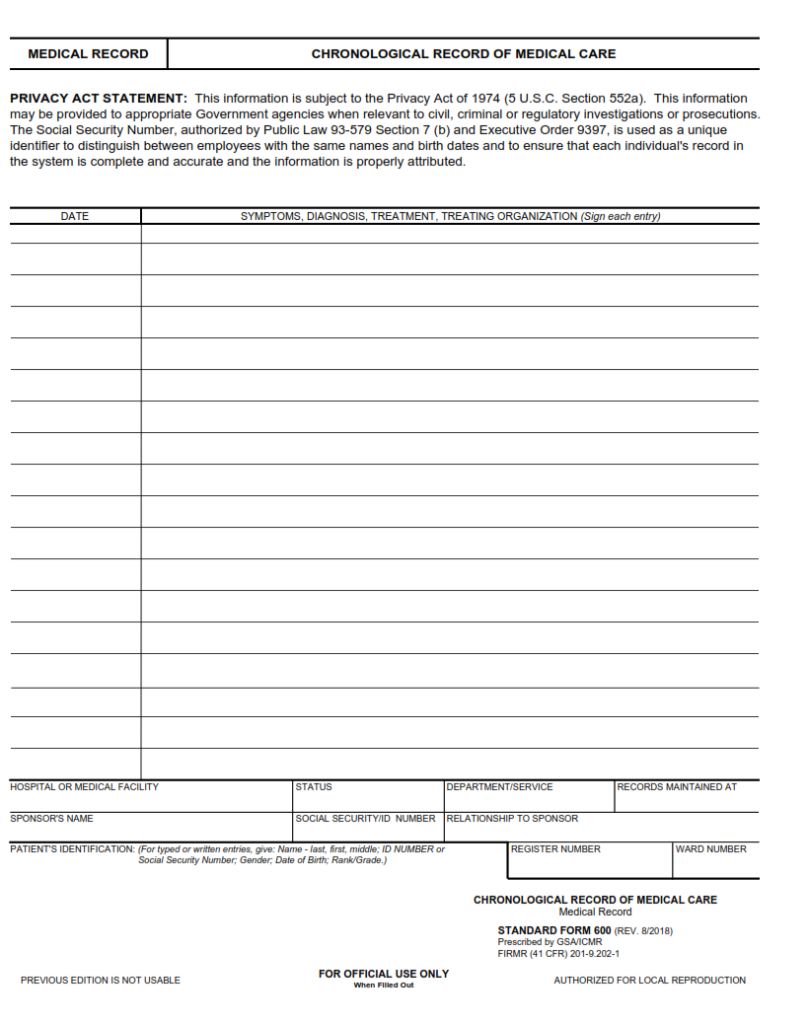 SF Form 600 – Chronological Record of Medical Care | SF Forms