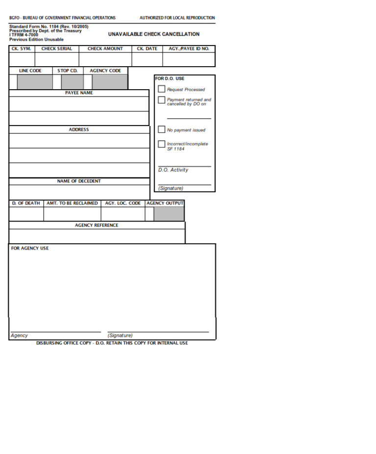 SF 1184 Form Unavailable Check Cancellation SF Forms
