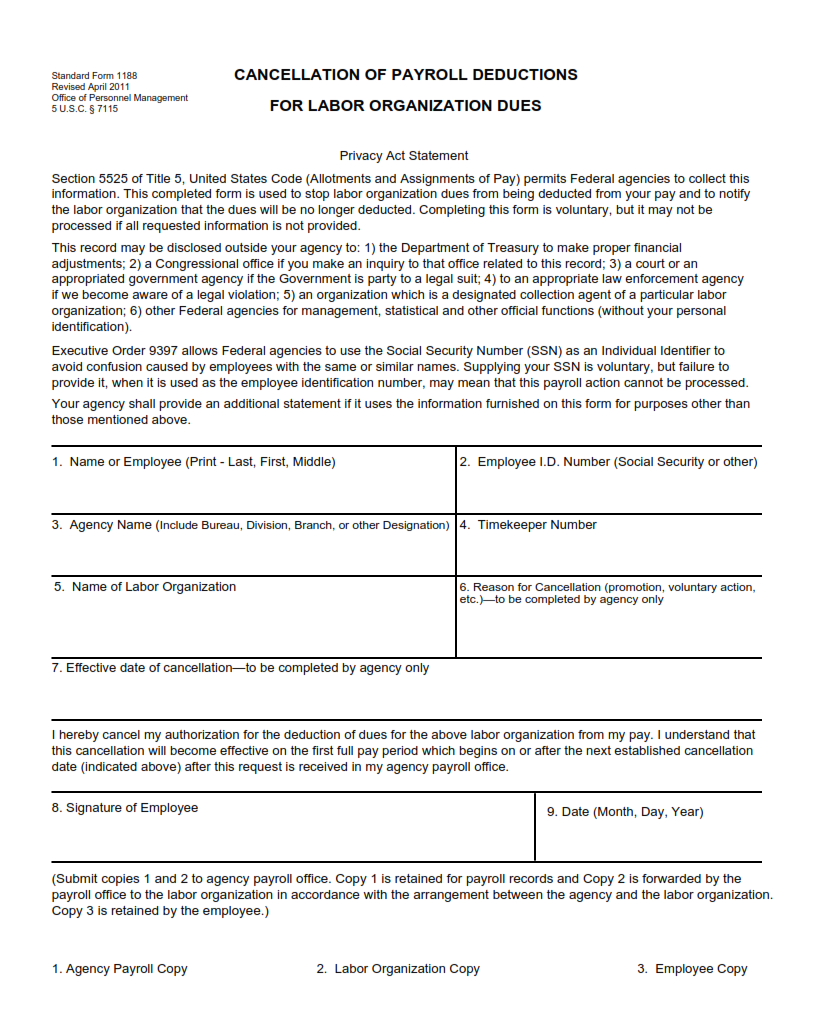 SF 1188 Form - Cancellation of Payroll Deductions for Labor Organization Dues