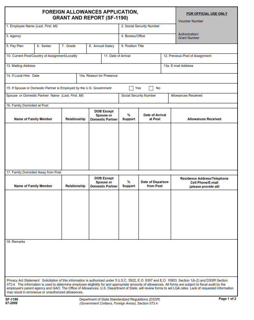 SF 1190 Form - Foreign Allowances Application, Grant and Report Part 1