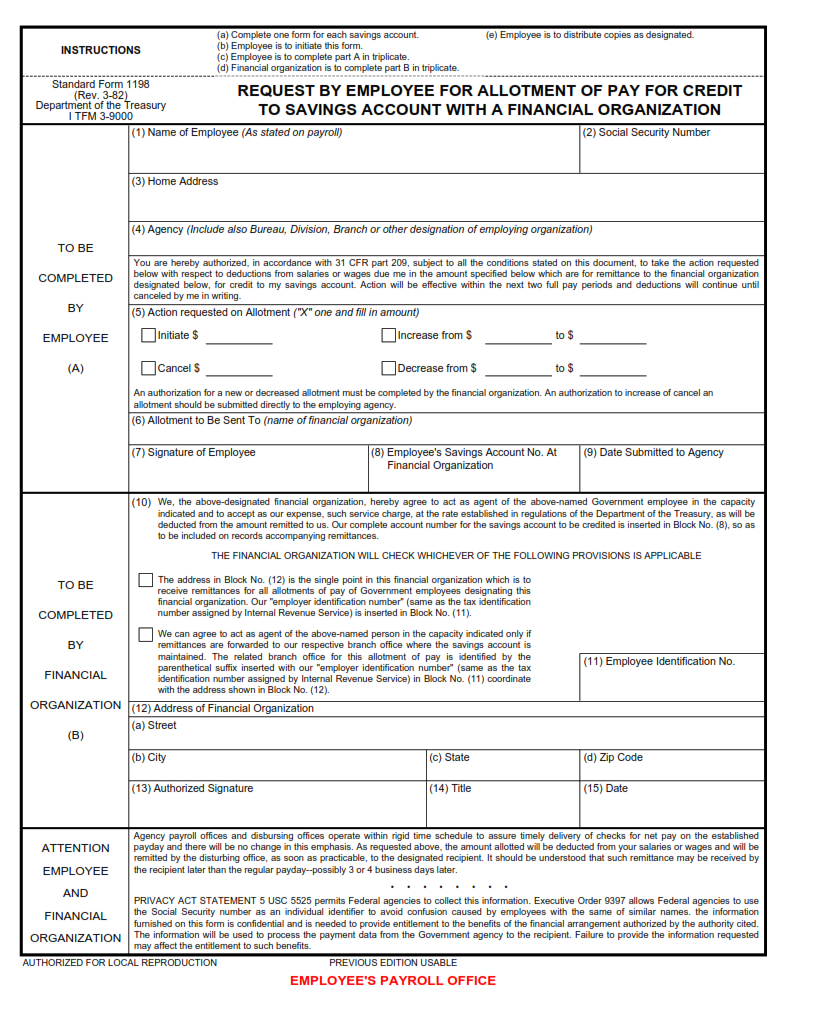 SF 1198 Form - Request by Employee for Allotment of Pay for Credit to Savings Account with a Financial Organization part 1