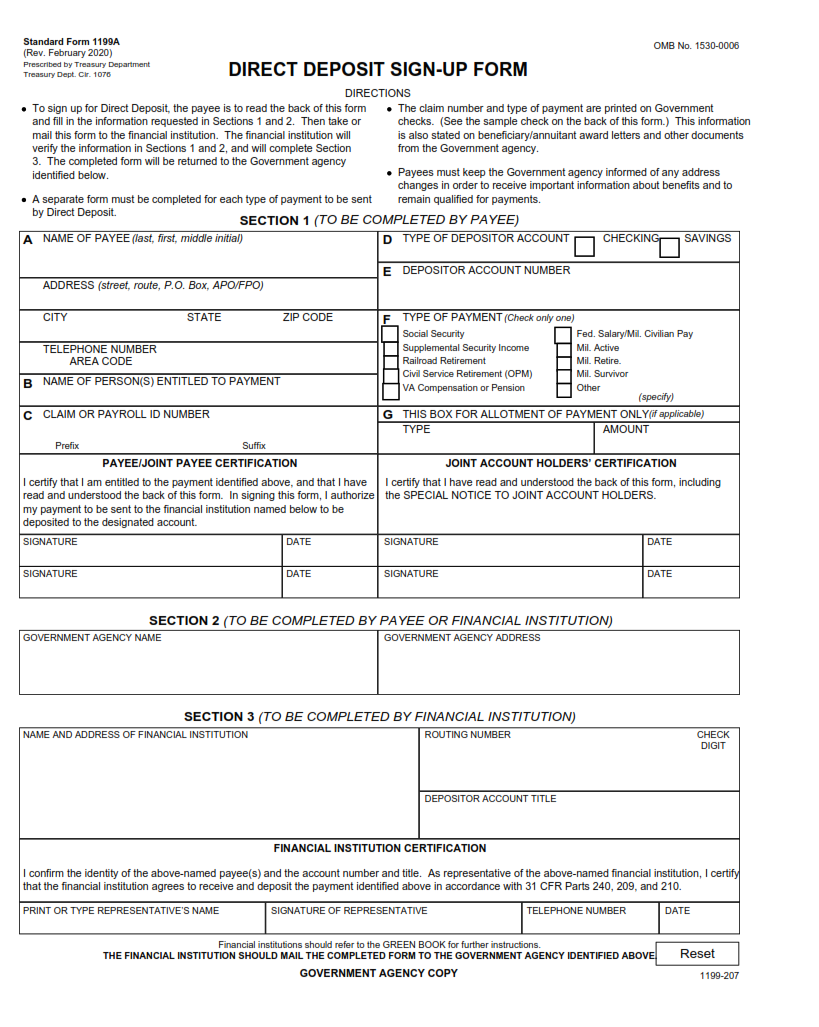 SF 1199A Form - Direct Deposit Sign-Up Form Part 1