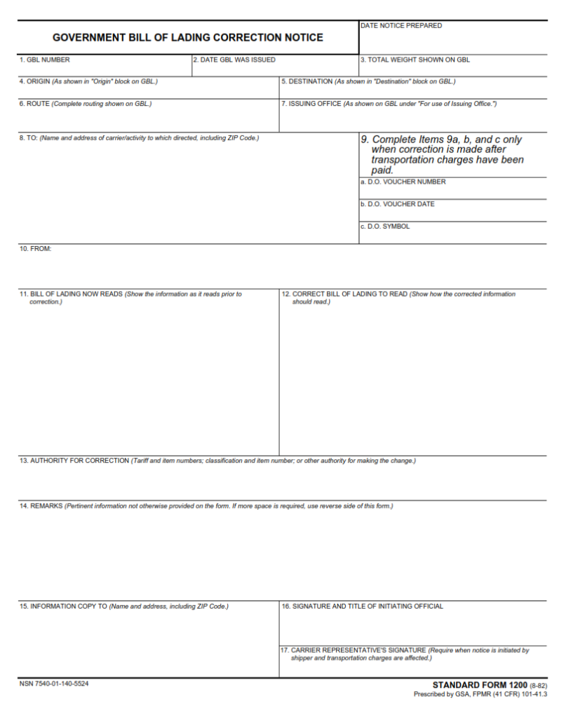 Sf 1200 Form Government Bill Of Lading Correction Notice Sf Forms 6211