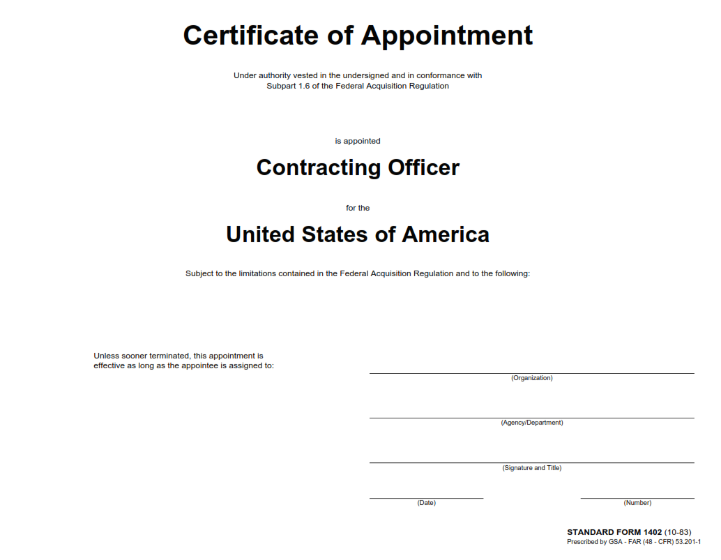 SF 1402 Form - Certificate of Appointment