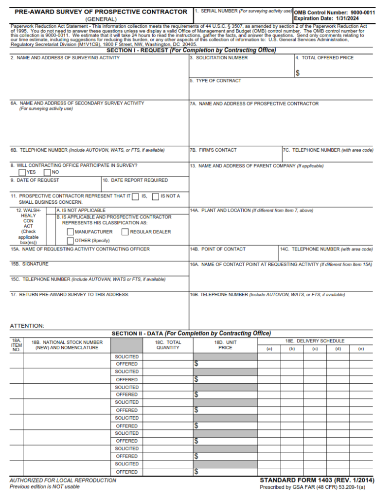 SF 1403 Form – Pre-Award Survey of Prospective Contractor (General ...