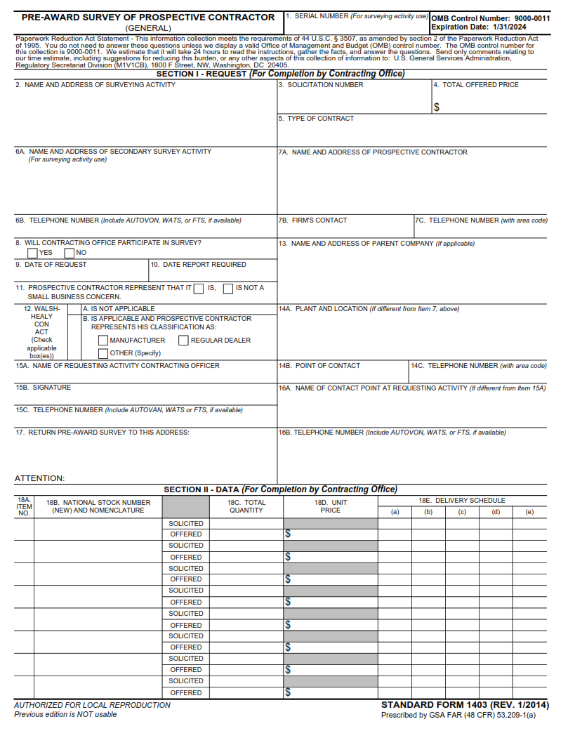 SF 1403 Form - Pre-Award Survey of Prospective Contractor (General) Part 1