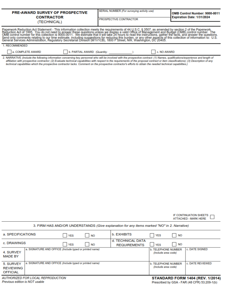 SF 1405 Form – Pre-Award Survey of Prospective Contractor (Production ...