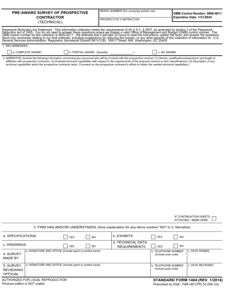 SF 1405 Form - Pre-Award Survey of Prospective Contractor (Production)