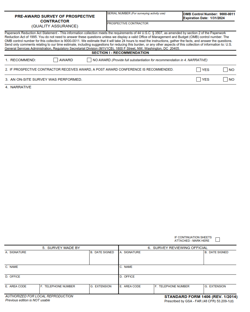 SF 1406 Form - Pre-Award Survey of Prospective Contractor (Quality Assurance) Part 1