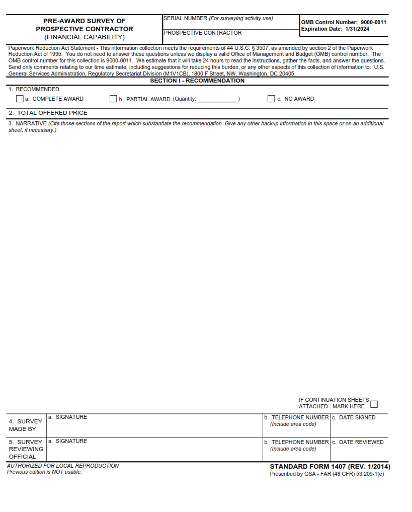 SF 1407 Form - Pre-Award Survey of Prospective Contractor (Financial Capability) part 1