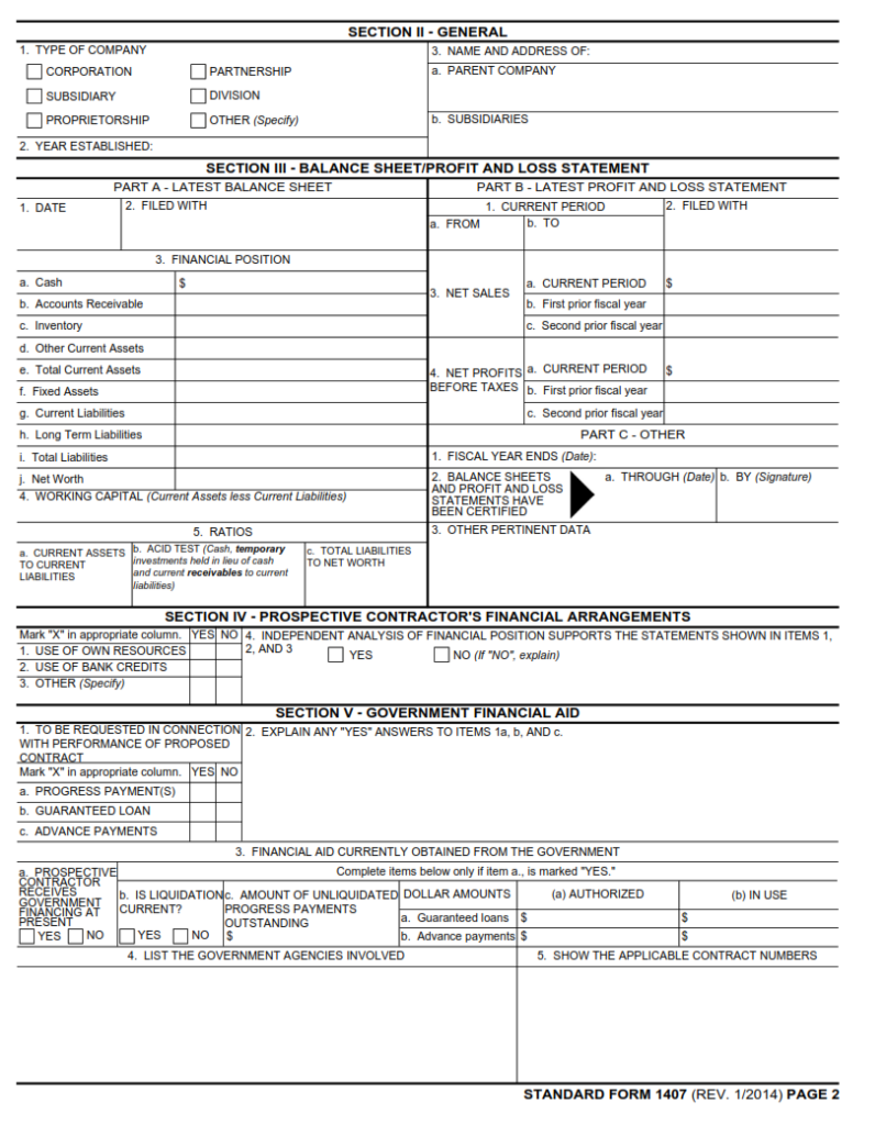 SF 1407 Form – Pre-Award Survey of Prospective Contractor (Financial ...