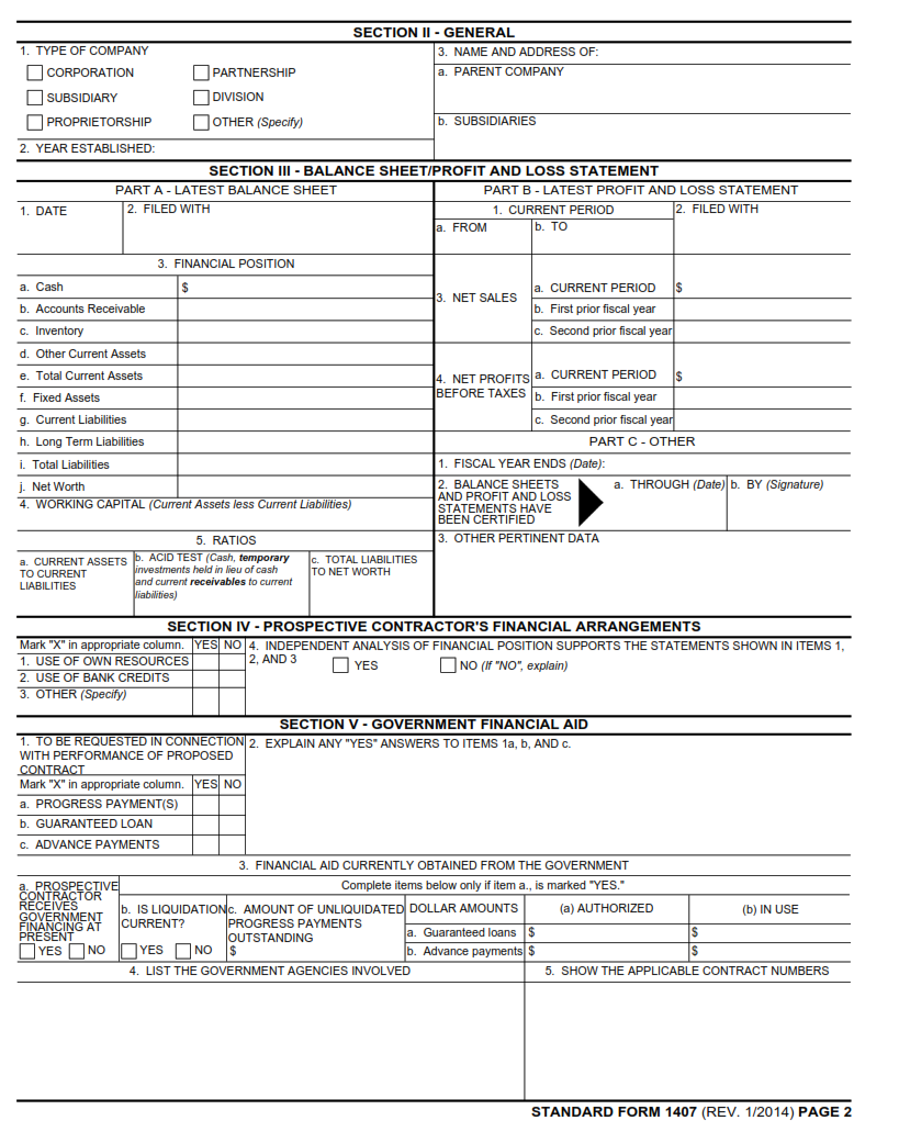 SF 1407 Form – Pre-Award Survey of Prospective Contractor (Financial ...