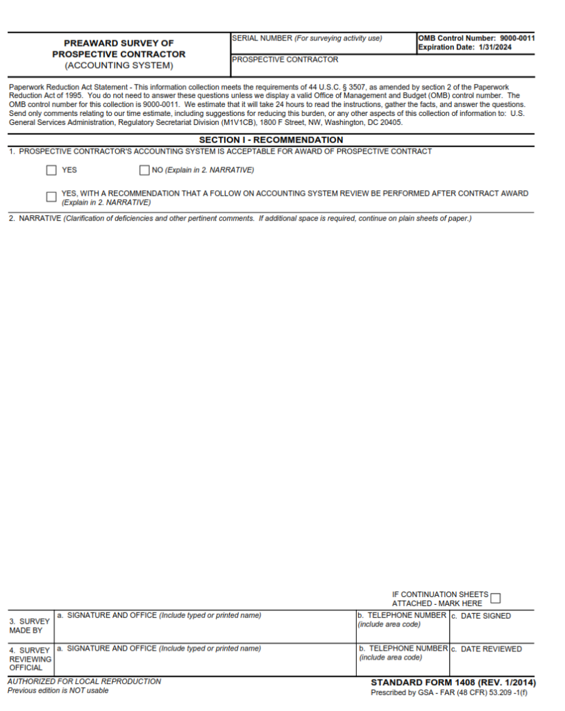 SF 1408 Form – Pre-Award Survey of Prospective Contractor (Accounting ...