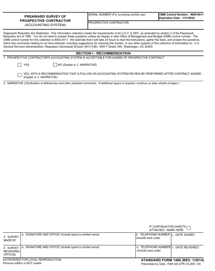 SF 1408 Form - Pre-Award Survey of Prospective Contractor (Accounting System) Part 1